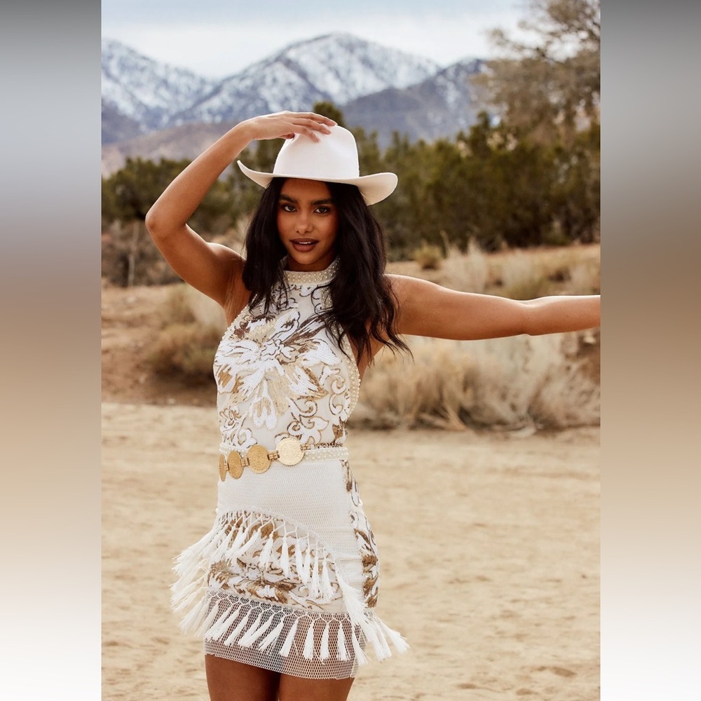 NWT 12th Tribe LIKE GOLD DUST WHITE SEQUIN FRINGE DRESS - White & gold mini
